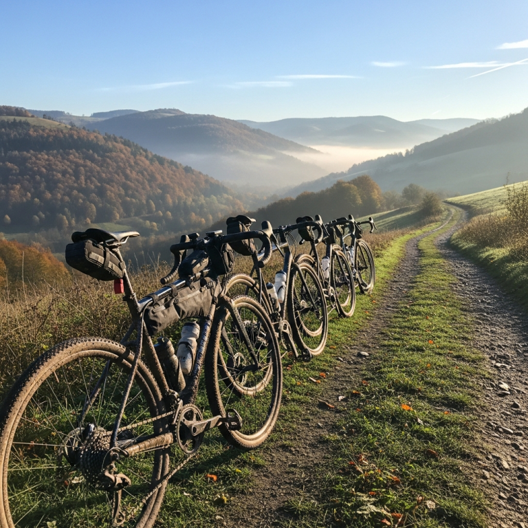 Rower gravel na malowniczej szutrowej drodze o zachodzie słońca.