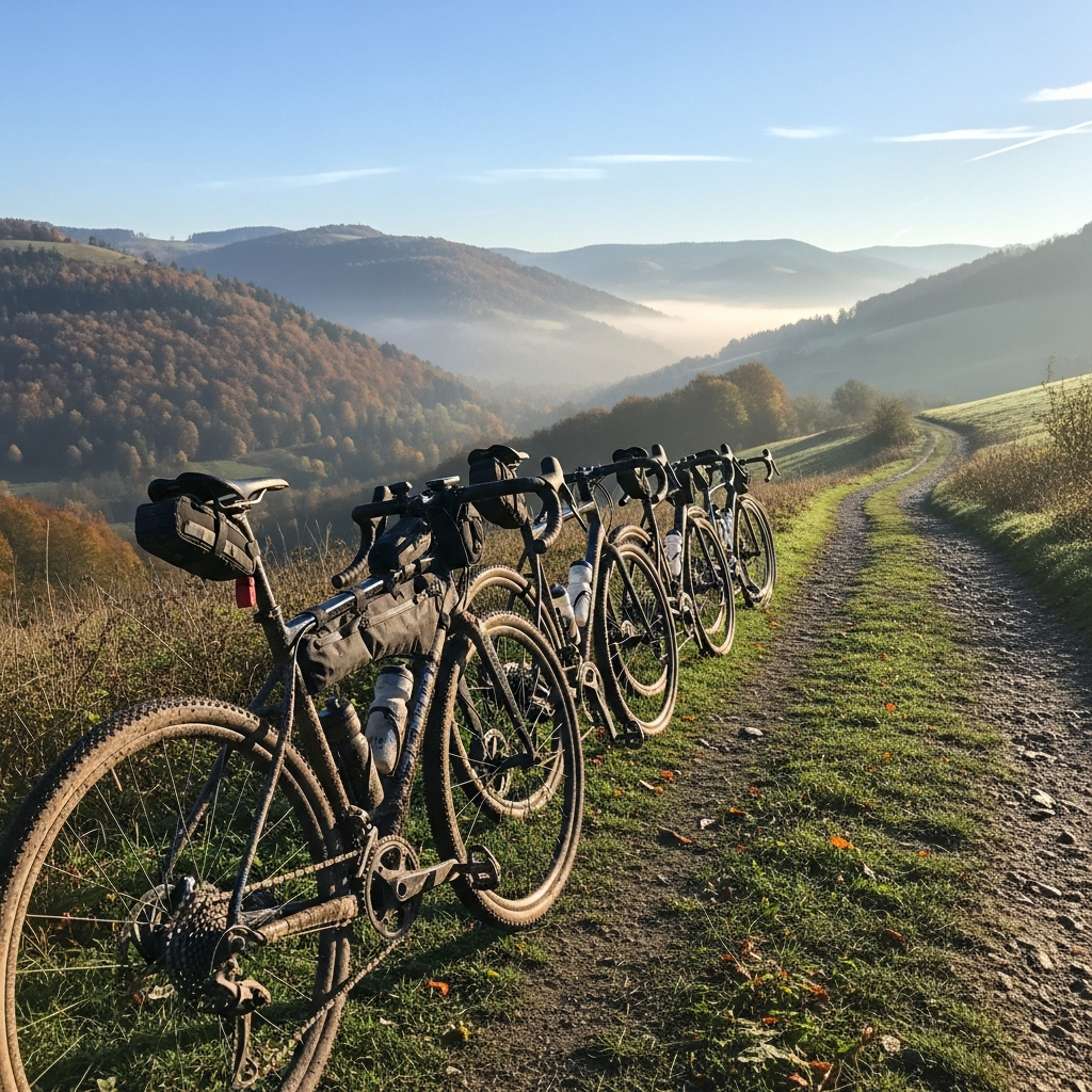 Rower gravel na malowniczej szutrowej drodze o zachodzie słońca.